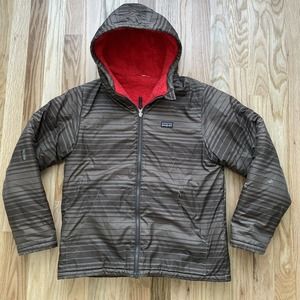 Kids's Patagonia Reversible Zip Brown Red Fuzzy Fleece Winter Coat Jacket Sz XL